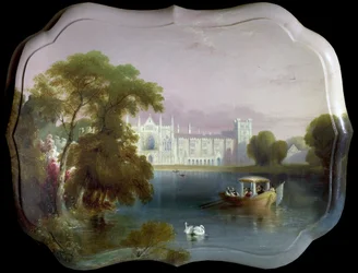 West View of Newstead Abbey, Nottinghamshire, inklusive en båtfest på Upper Lake (olja på papier-mache)